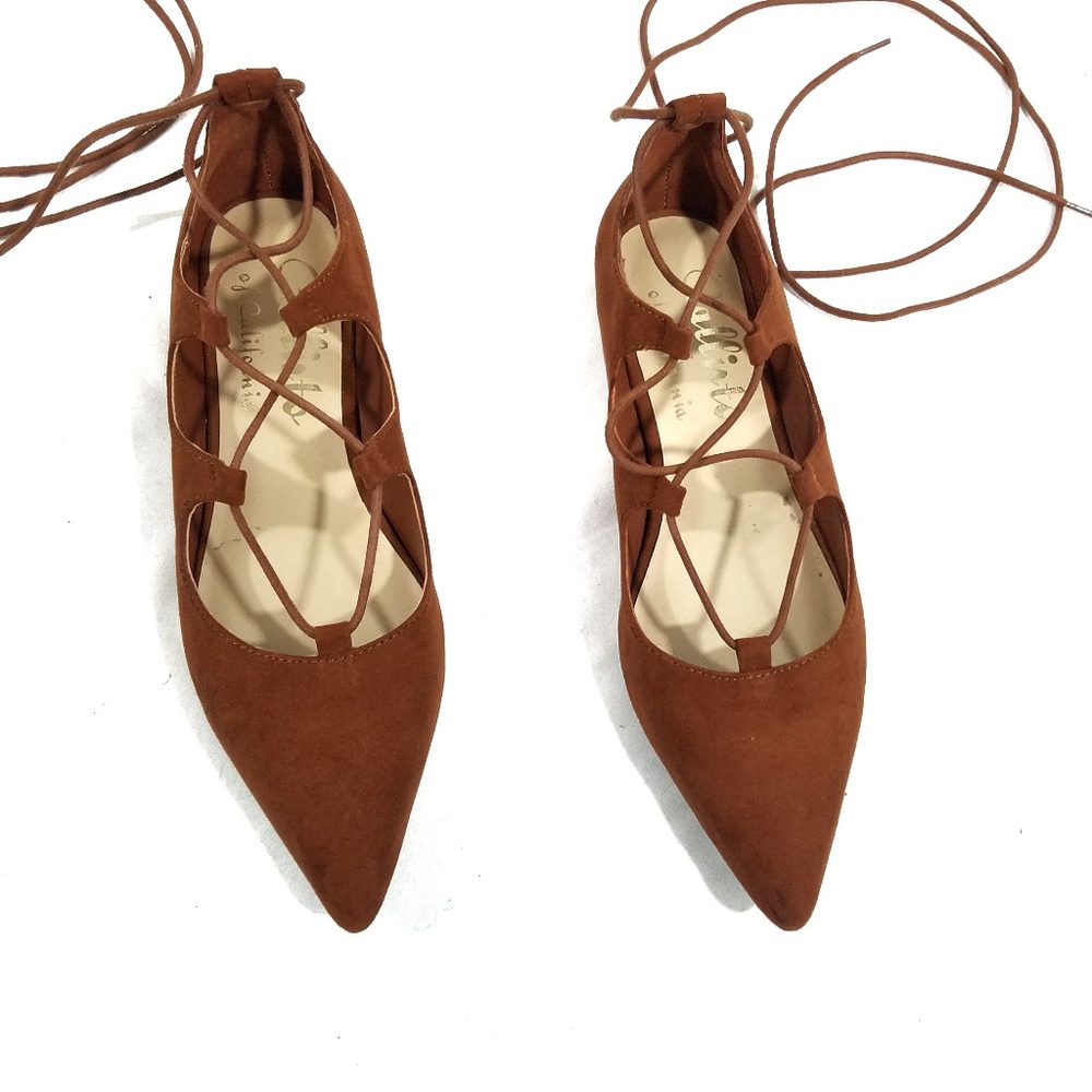 Callisto Tan Vegan Suede Lace-Up Ballerina Flat